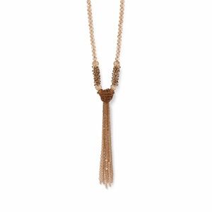 Champagne Beaded Tassel Necklace 19” Neutral Statement
